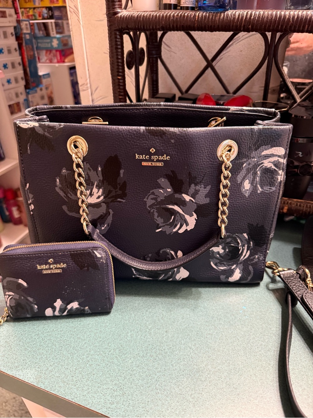 kate spade Navy Floral Chain-Handle Tote with Wallet